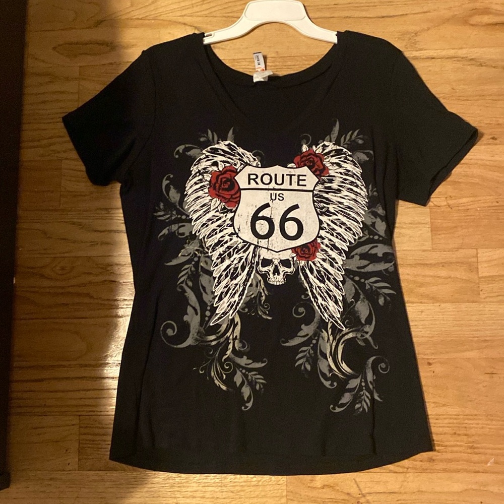 Y2K ROUTE 66 skull v-neck tee
